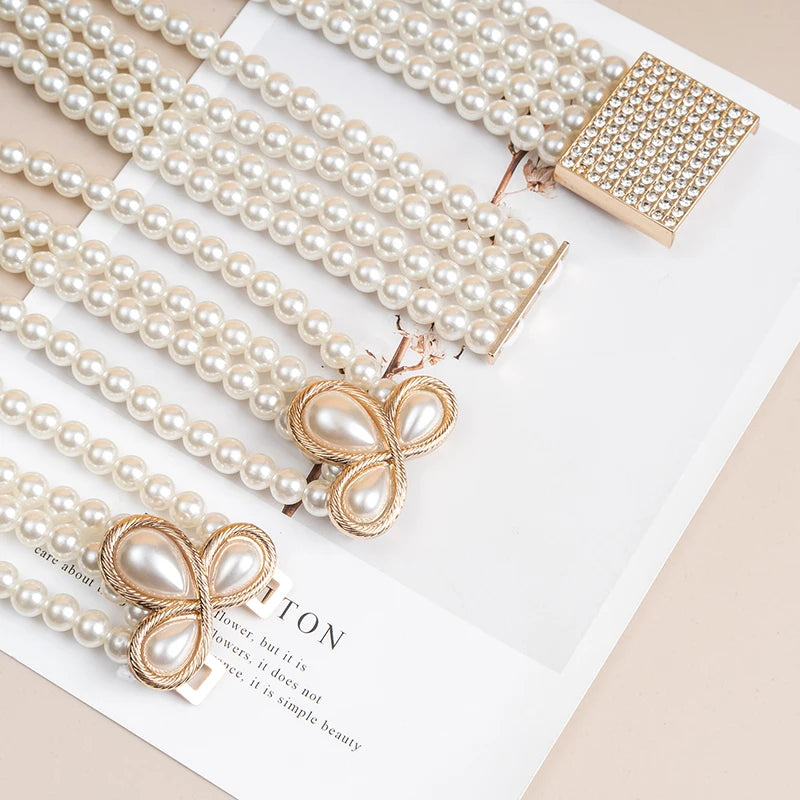 Fashion Pearl studded Diamond Flower Waist Chain Belt Diamond studded Square Buckle Belt Factory Direct Sales Customized Belt