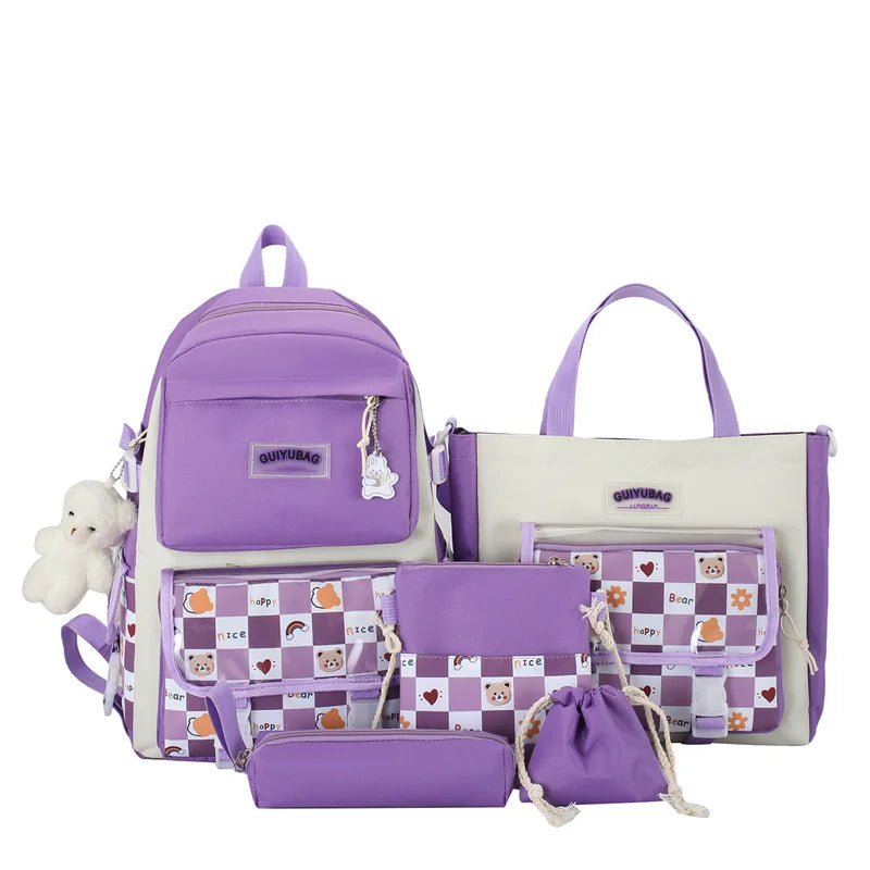 2024 New Primary and Secondary School Students School Bag Five Sets of Korean Ins Girls Shoulder Bag Handheld Supplementary Bag