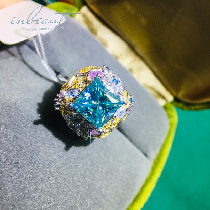 Silver 925 Original Brilliant Princess Cut 2 Carat Diamond Test Past Sea Blue Moissanite Wedding Ring for Valentine's Day Gifts