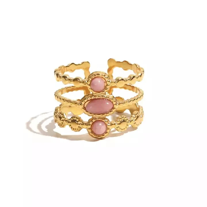 Three Layer Irregular Natural  Pink Texture Stone 316L Stainless Steel Opening Rings