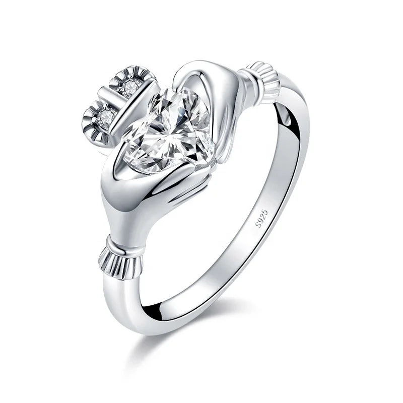 Custom Jewelry Heart Diamond 925 Sterling Silver Irish Celtic Traditional Claddagh Ring