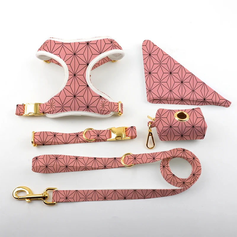 Wholesale Factory Pink Printed Patterns Luxury Dog Harness and Leash Set With Zinc Alloy Metal Buckle for Dogs