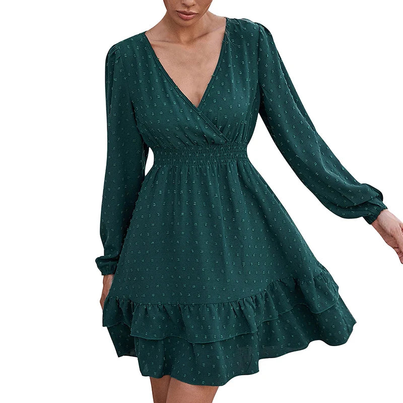 RNSHANGER Womens Autumn Long Sleeve V Neck Loose Mini Dress Chiffon Dot Flowy Short Women Dresses Knee Length Womens Dress