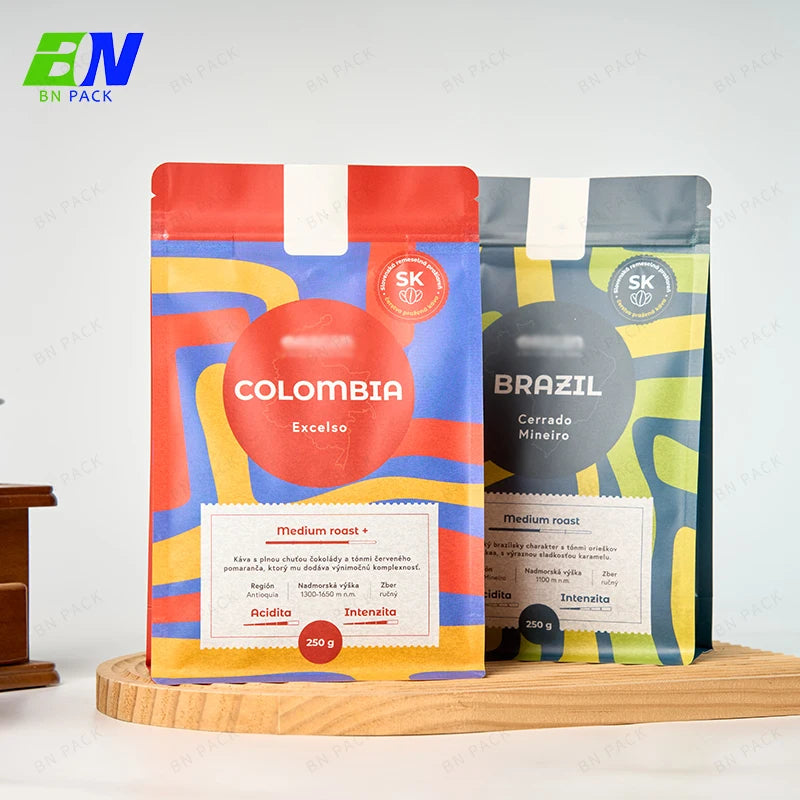 Custom Zipper Kraft Paper Flat Bottom Coffee Bags 250g/500g for Coffee Tea Nuts Packaging