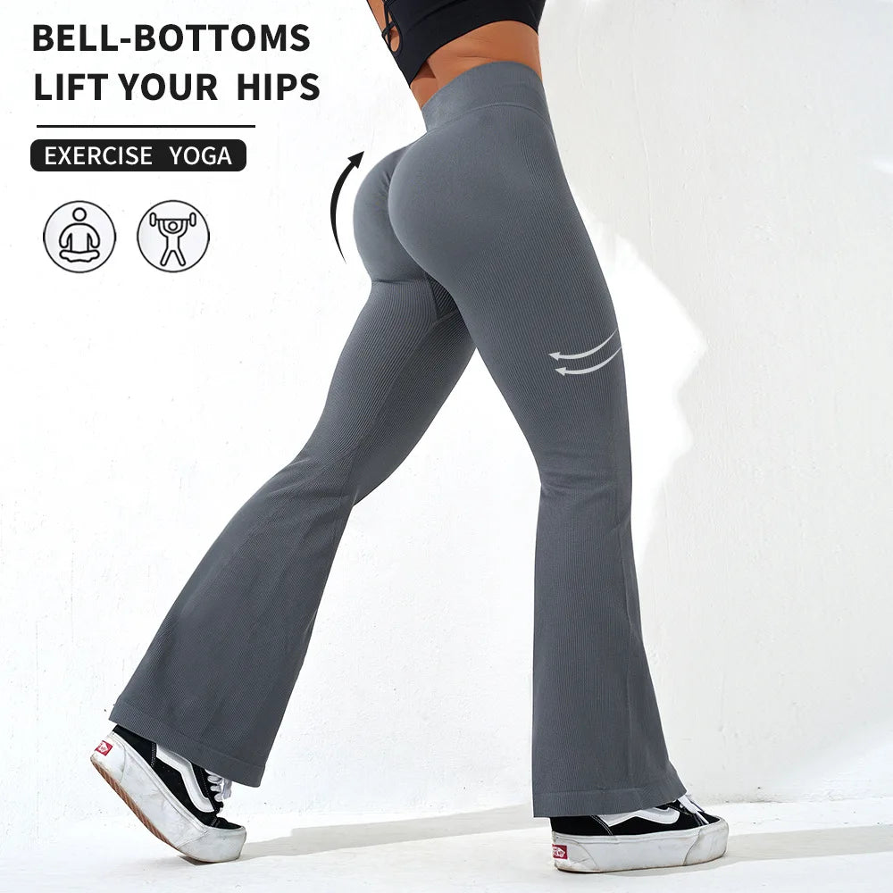 Custom Logo Seamless Crossover Ribbed Flare Yoga Workout V Cut Women Sexy Gym Fitness Pant Push up High Waist Scrunch Pants