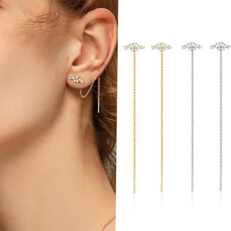 Wholesale Jewelry 925 Sterling Silver Needle Thread Earrings CZ Zircon Rod Chain Long Drop Tassel Dangle Threader Earring