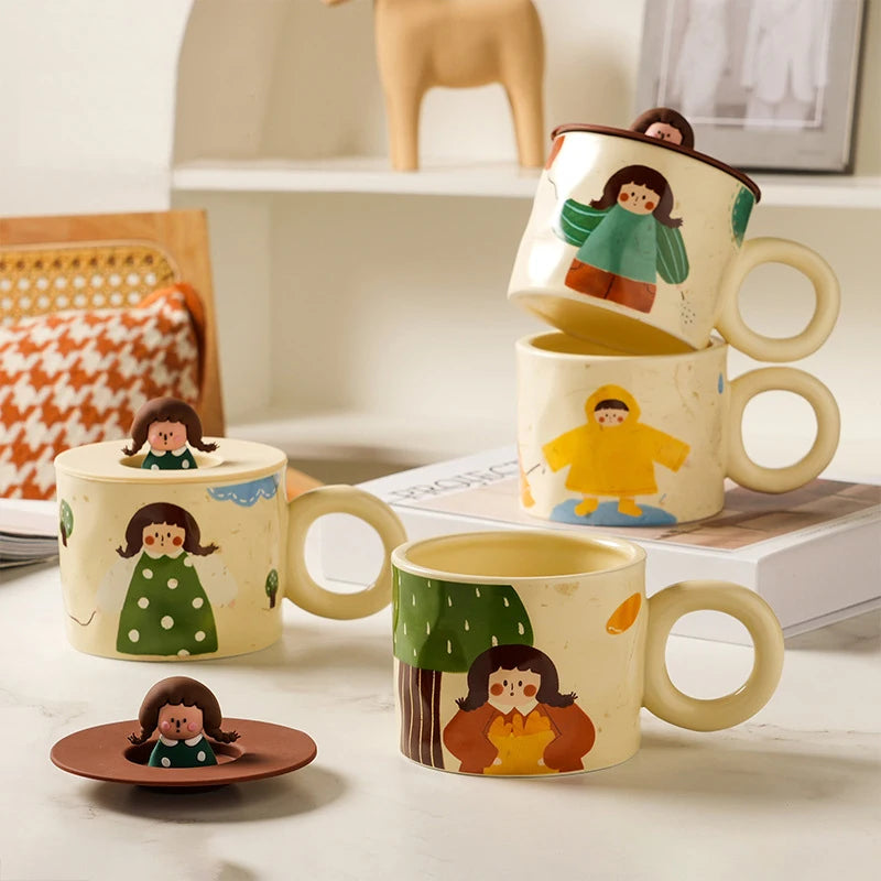 Cute Ceramic Mug with Lid Creative Couple Water Cup Home Breakfast Cup Coffee Cup
