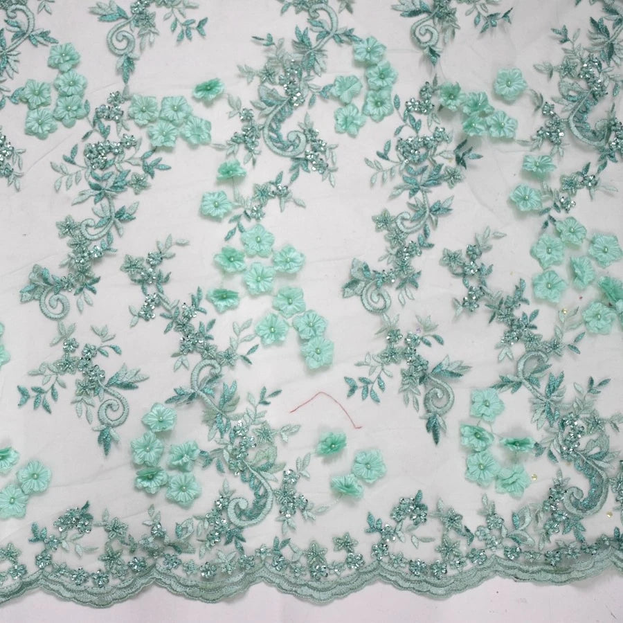 HY0579 High Quality French Hand Mint Green 3d Chiffomn Lace With Pearls African Gold Net Lace Fabric With Sequins and Beads