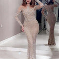 New Elegant Gold Satin Dress Long Mid-Waist Commuter Style for Spring Summer Sequins Embroidered Mermaid Pattern Size XL