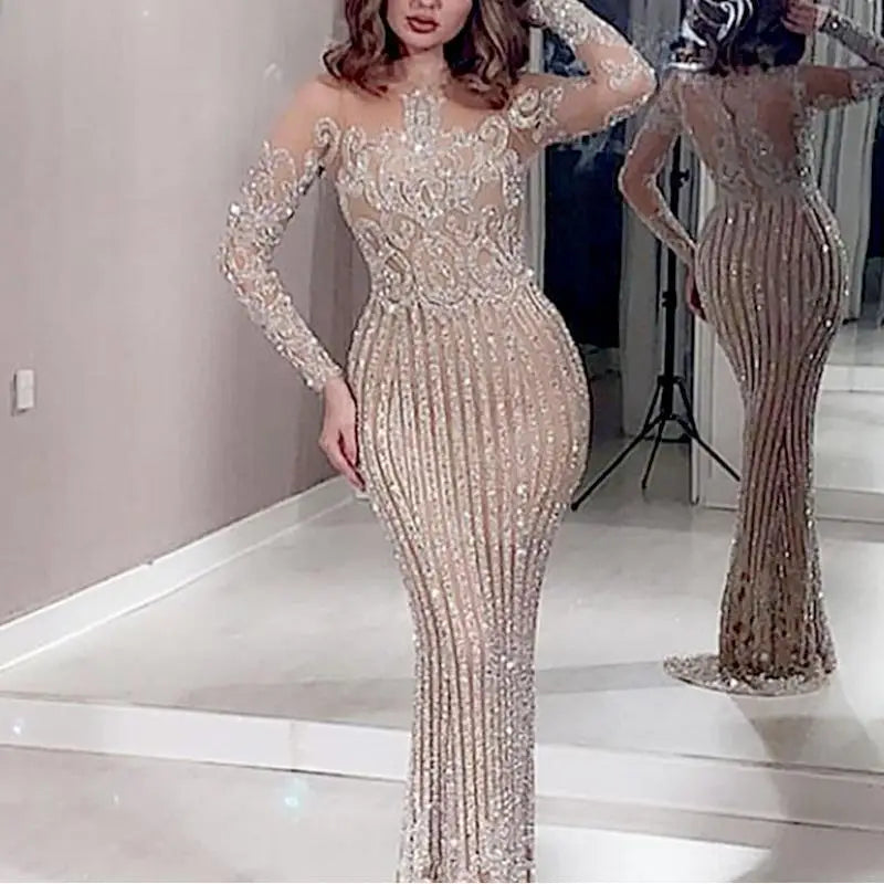 New Elegant Gold Satin Dress Long Mid-Waist Commuter Style for Spring Summer Sequins Embroidered Mermaid Pattern Size XL
