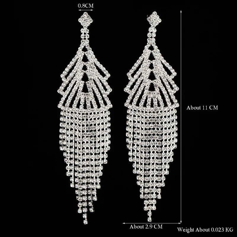 Luxury Triangle Rhinestone Long Tassels Earrings Full Diamond Vintage Long Tassel Rhinestone Earrings for Women