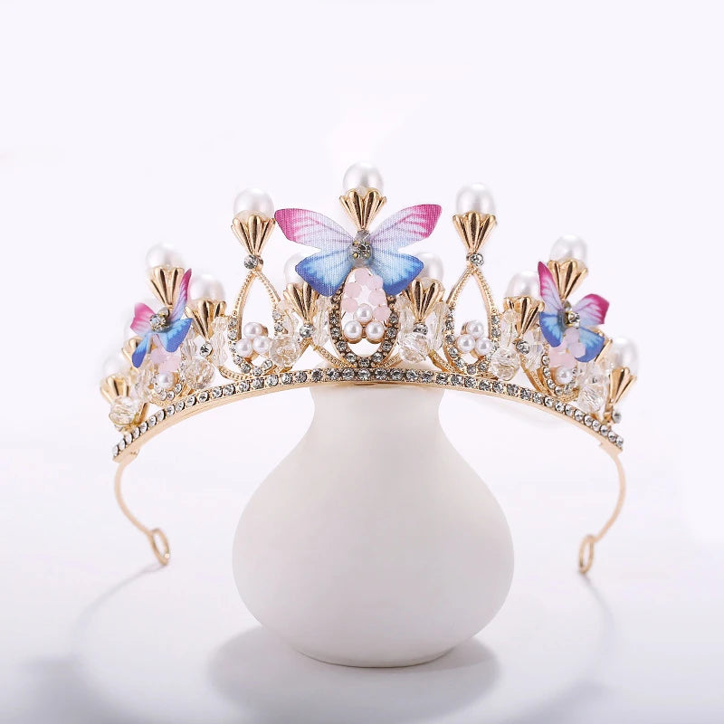 Girl Princess Birthday Jewelry Hairband Fashion All-match Shiny Bride Tiara Children Pearl Crystal butterfly Crown