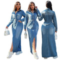 Y218617 High Quality Fall Plus Size Jeans Dresses Women Casual Lapel Long Sleeve Slit Jean Dresses Denim Women Long Dress