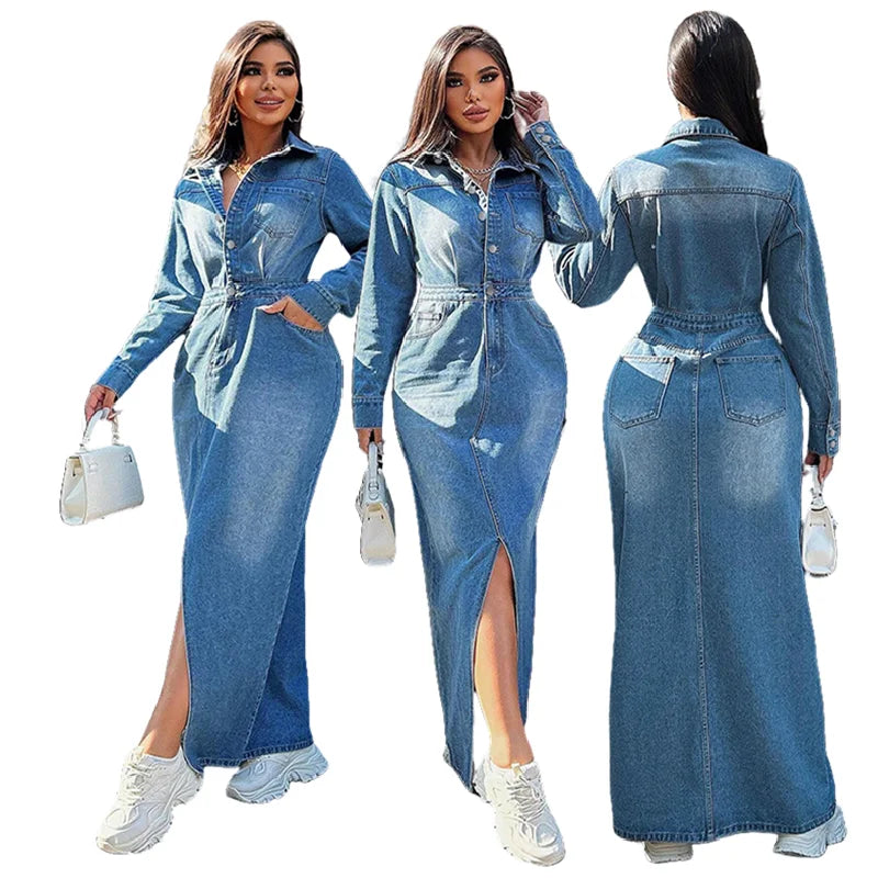 Y218617 High Quality Fall Plus Size Jeans Dresses Women Casual Lapel Long Sleeve Slit Jean Dresses Denim Women Long Dress