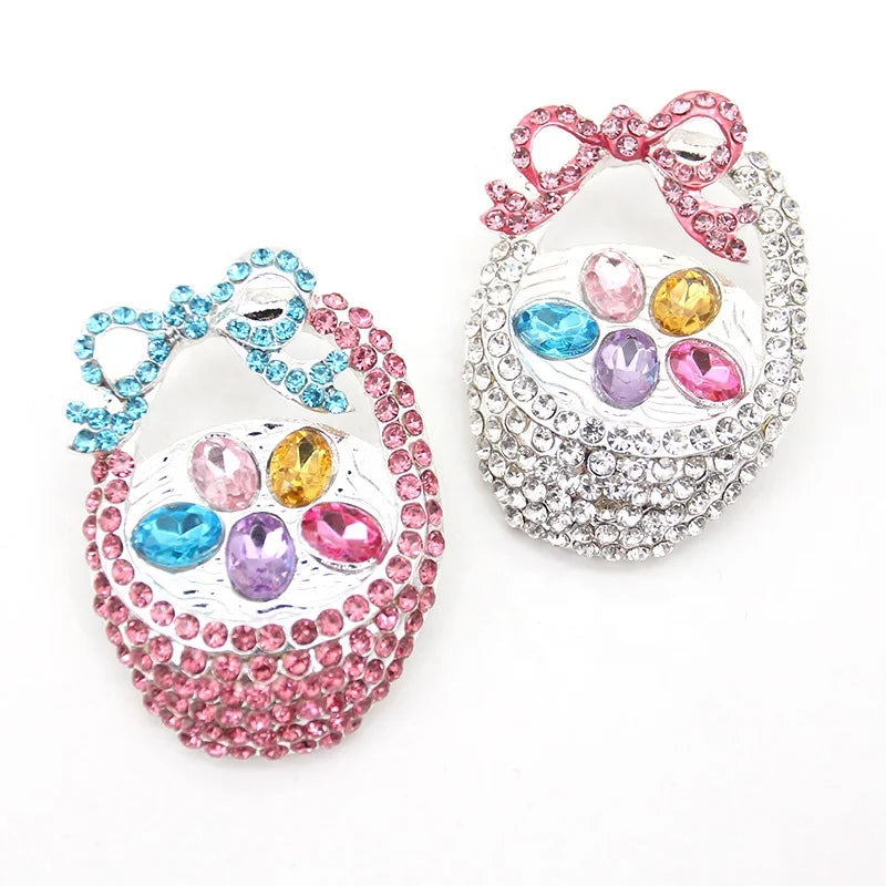 Fashion Rhinestone Easter Egg Basket Bow Shape Brooch for Easter Festival Day Gift