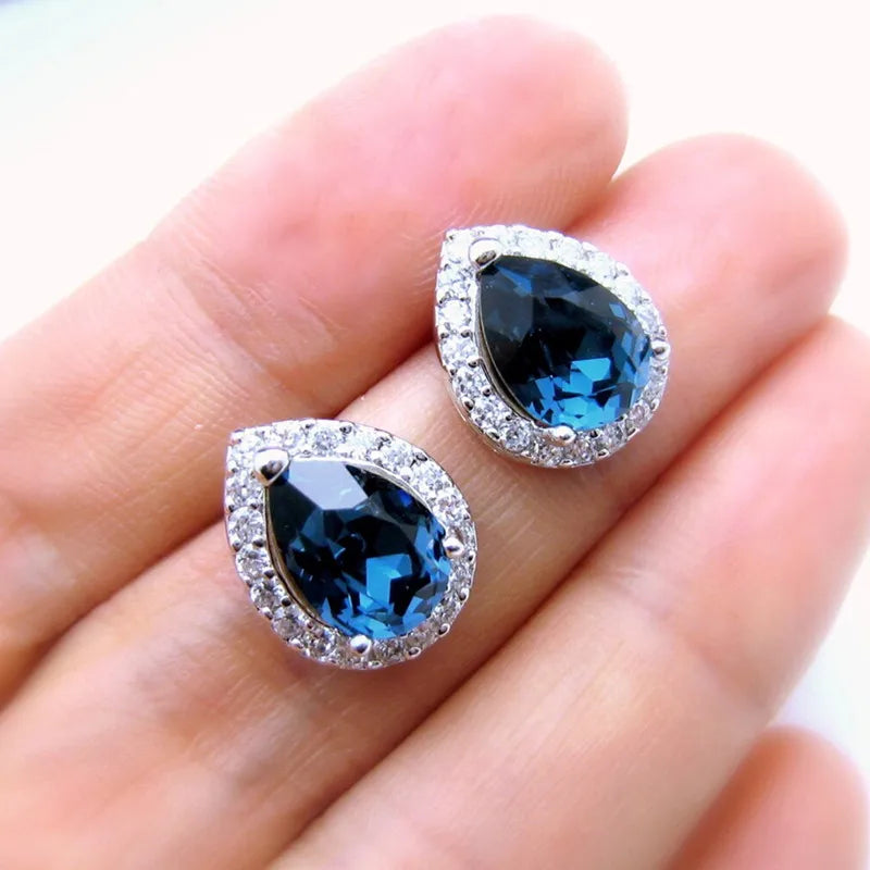Huitan 2026 New Arrival Low MOQ Classic Design Pear Cut Blue Green Crystal 3A Cubic Zirconia Teardrop Stud Earrings for Women