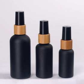 Matte Black Glass Bottle 30 ml 50 ml 100 ml Frosted Black Glass Cosmetic Bottle with 18/415 Bamboo Spray Pump