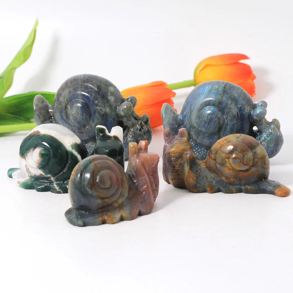 Factory Custom Natural Ocean Jasper Snail Carving Hand Carved Labradorite Snail Carving for Hot Sales