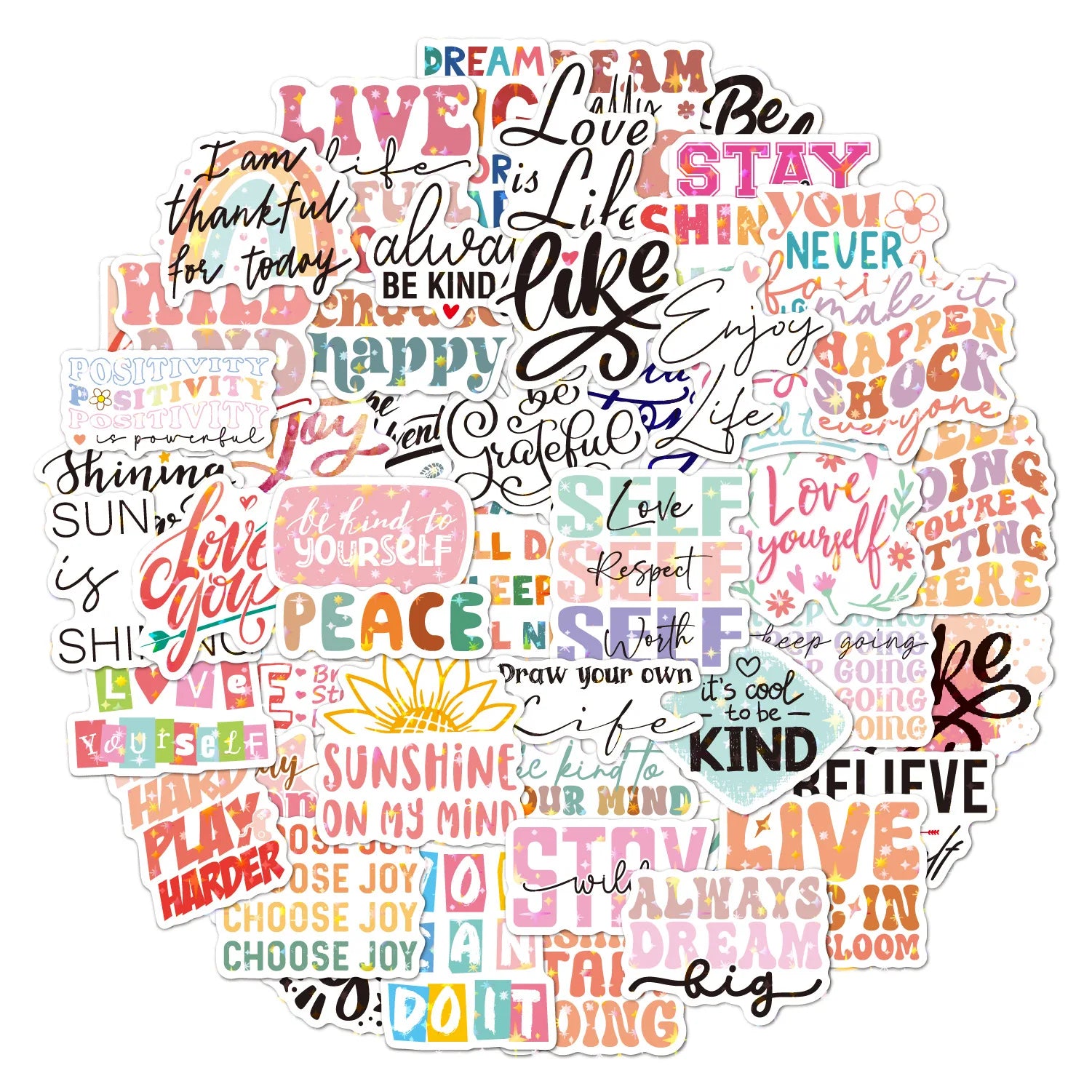 50pcs Inspirational English PVC Self Adhesive Stickers for Laptop Phone Case Suitcase Skateboard Guitar Table and Books