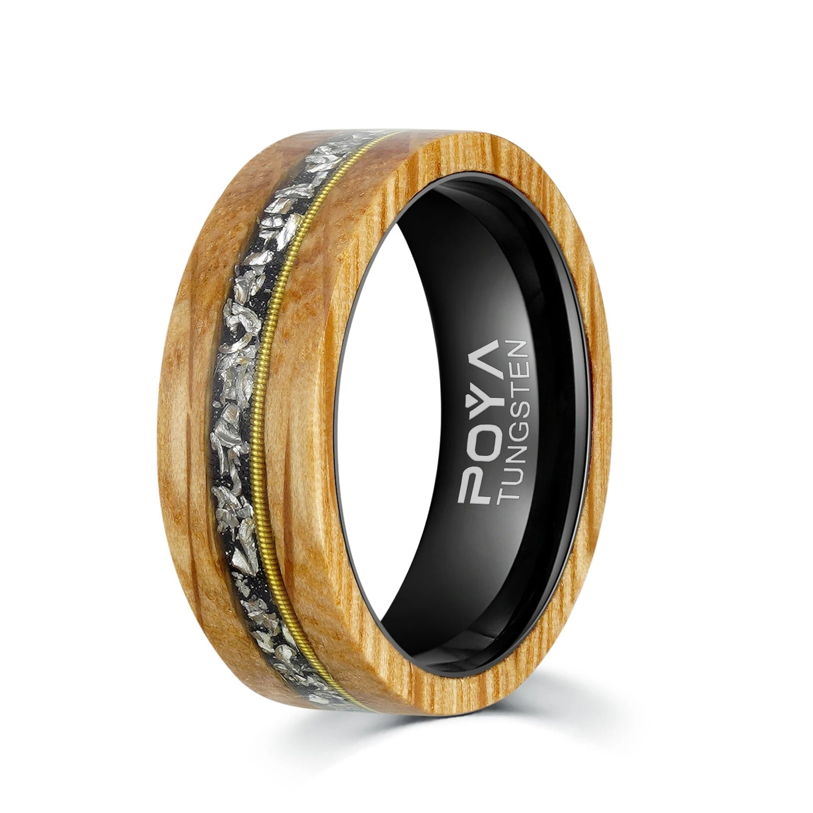 Poya New Design 8mm Meteorite Gold Plated Guitar String Whiskey Barrel Tungsten Ring