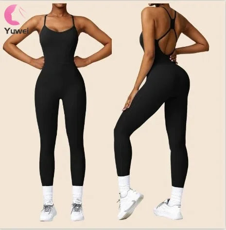 Custom Logo Women's One Piece Workout Jumpsuit Gym Sports Fitness Apparel Seamless Feature Backless Hollow Solid Yoga Jumpsuit