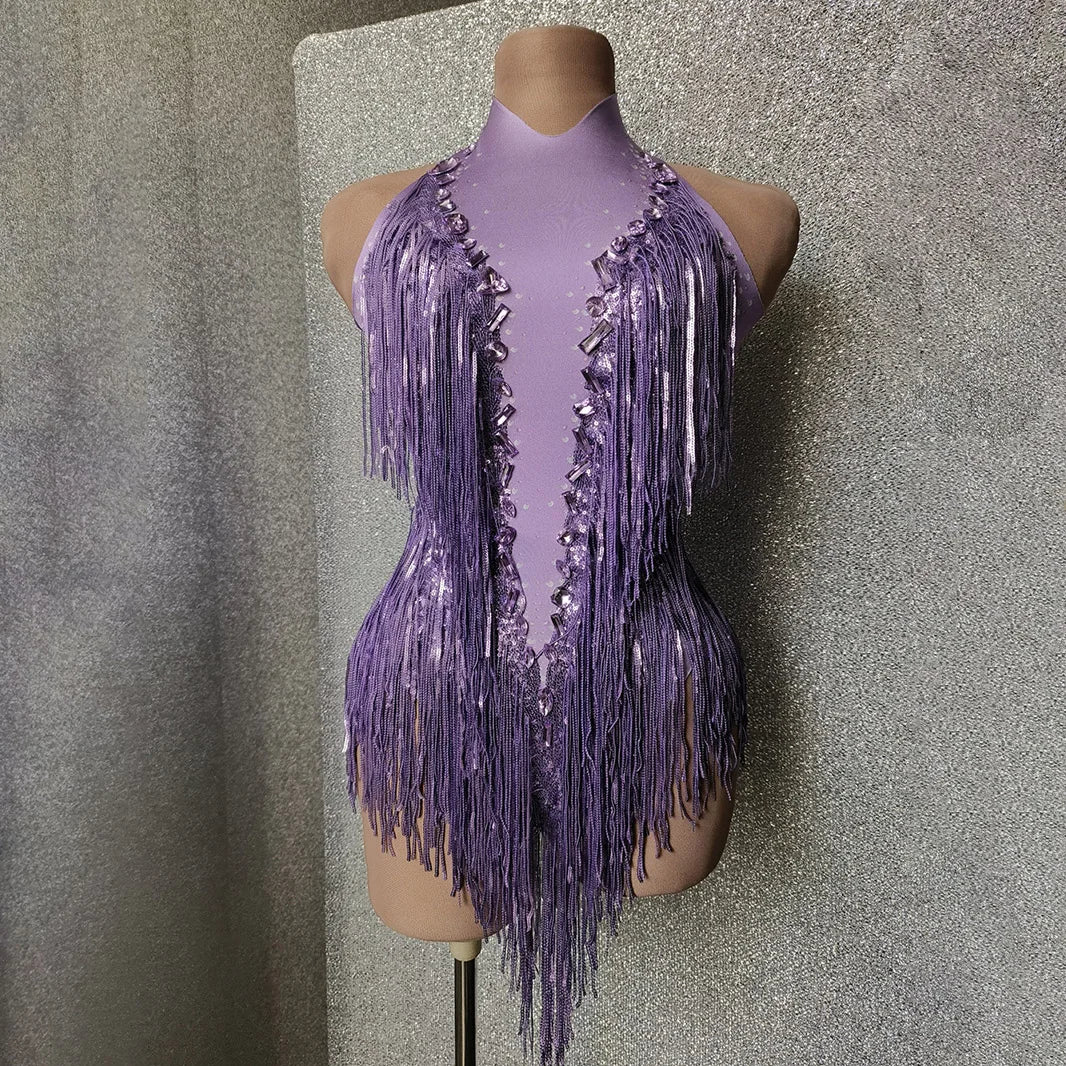 Purple Sleeveless  Performance Wear  Vendors Wholesale Shiny Fringe Tassel JumpsuitStage Performance Wear