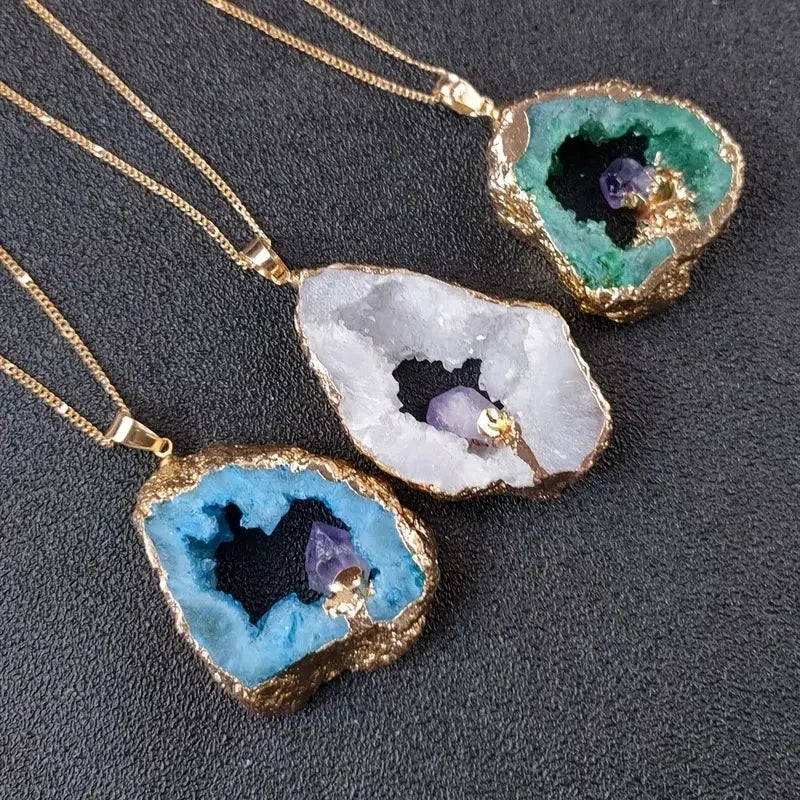 Natural Gemstone Druzy Agate Amethyst Pendant Jewelry Quartz Crystal Necklace