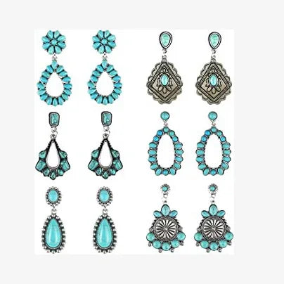 Western Styles  Retro Collection Turquoise Stone Beads Vintage Antique Silver Plated Western Earrings
