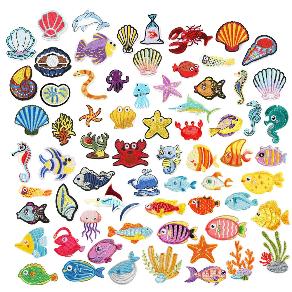 Cute Ocean Marine Animal Starfish Coral Sea Horse Hippocampus Fish Seashell Conch Shell Design Iron on Embroidered Patches