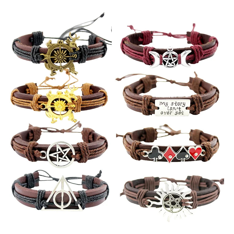 Manufacturer Custom Made Supernatural Star Sun Triple Moon Poker Queen My Storys Is Not Over yet Genuine Leather Bracelets
