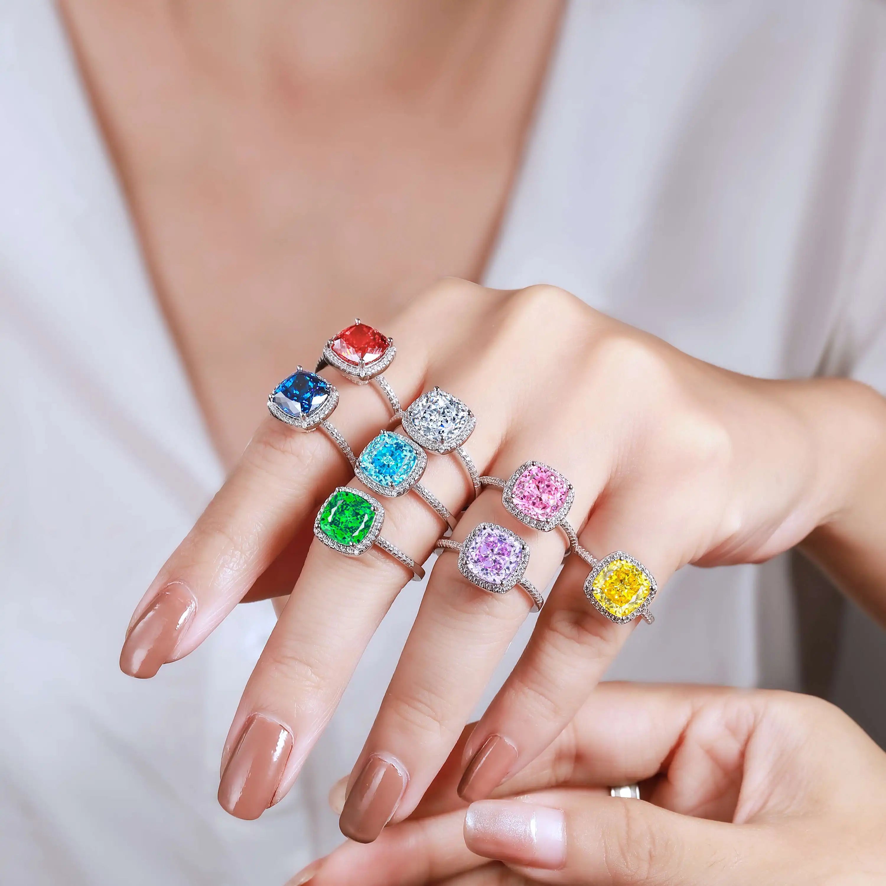 925 Sterling Silver Colorful Gemstone Ring Set Wholesale Cushion Cut CZ Stackable Rings for Women OEM Jewelry Manufacturer