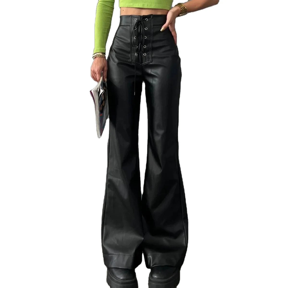 2023 Women's Sexy High Waist Solid Color Long Flared Leather Pants Casual Loose Summer Trousers for Ladies