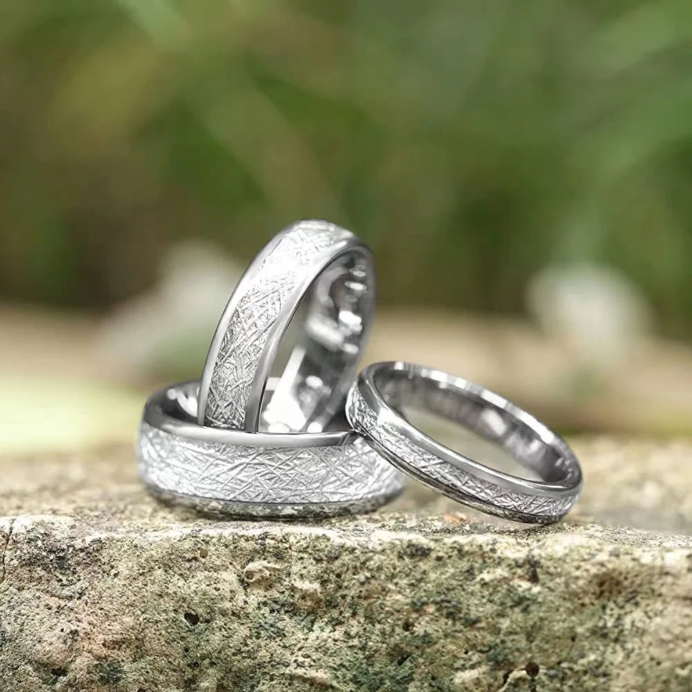 Men's Tungsten Steel Ring with Meteorite Silver Wire Inlay Classic Style for Engagement Wedding Anniversary Party Gift