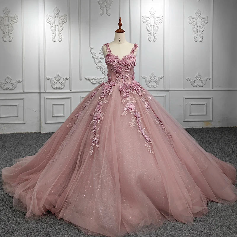 Jancember 5691 Pink Lace Glitter Flower Evening Party Quinceanera Dresses