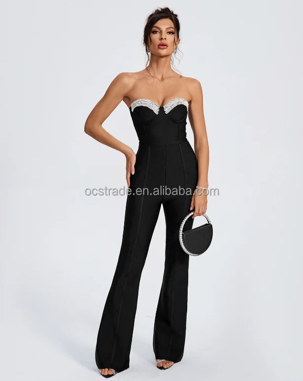 Ocstrade Latest Design Jumpsuits for Ladies Strapless With Rhinestone Wide Leg Black Women Long Jumpsuit Elegant Bandage
