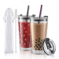 Reusable 20oz Boba Glass Iced Coffee Tumbler Cups with Boba Straw Smoothie CupGlass Coffee Travel Mug with Leakproof Slide Lid