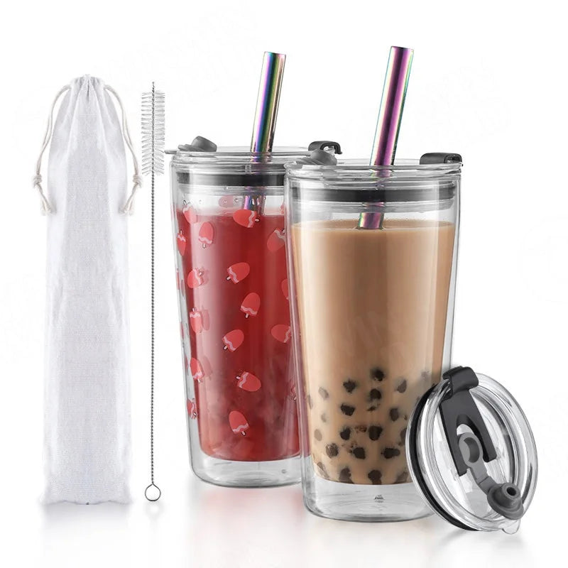 Reusable 20oz Boba Glass Iced Coffee Tumbler Cups with Boba Straw Smoothie CupGlass Coffee Travel Mug with Leakproof Slide Lid