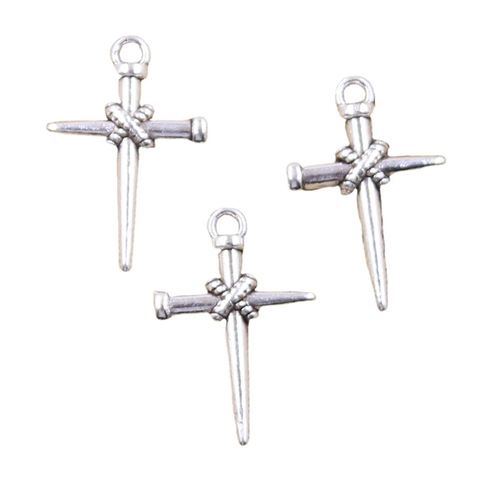 Charms Nail Cross 25x16mm Antique Silver Color Pendants Making DIY Handmade Tibetan Finding Jewelry