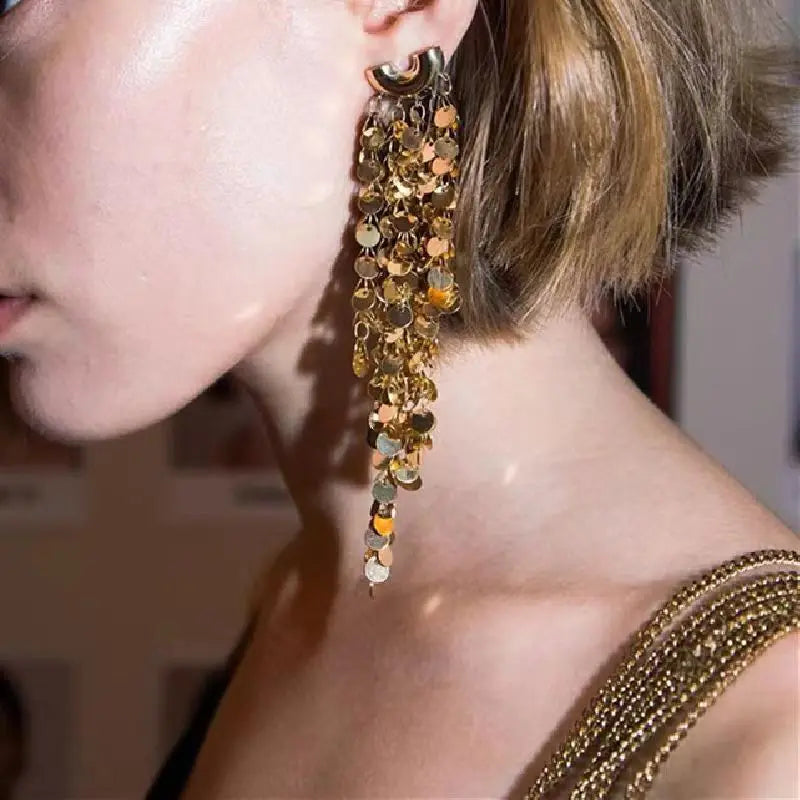 Exaggerated Design Metal Glitter Dynamic Tassel Earrings - Handcrafted with European and American Artistry Bold Individualistic