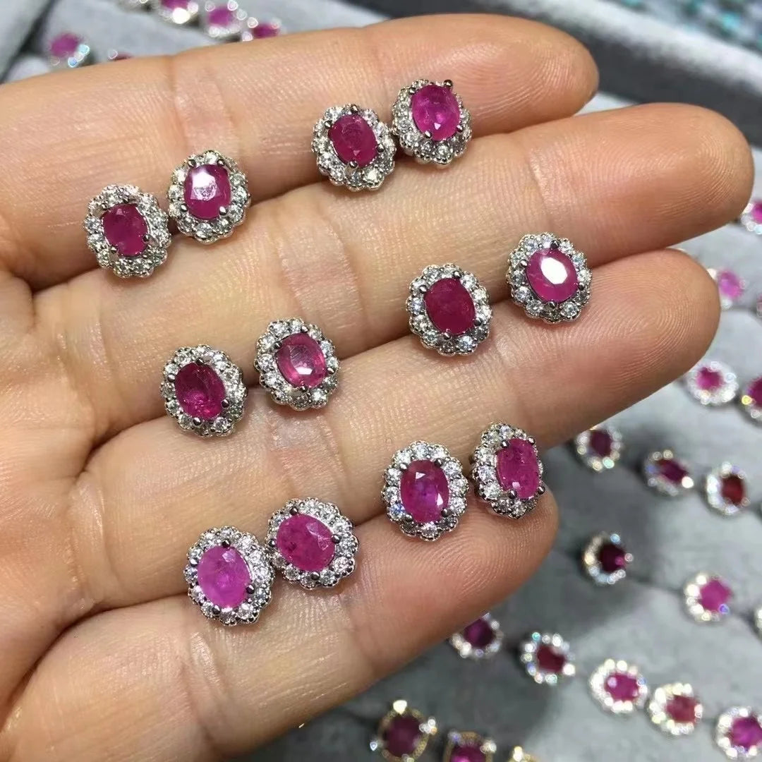 Healing Crystal Gemstone Jewelry  925 Sterling Silver Ruby Studs for  Fashion Women