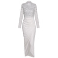 Solid One Shoulder High Slit Maxi Dress Women Long Sleeve Cut Out Front Evening Party Dress Ladies White Bodycon Long Dresses