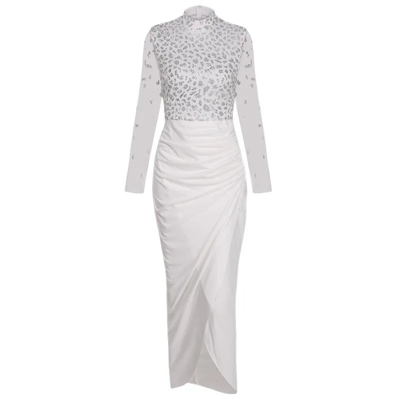 Solid One Shoulder High Slit Maxi Dress Women Long Sleeve Cut Out Front Evening Party Dress Ladies White Bodycon Long Dresses
