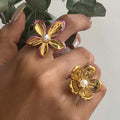 New Arrival 18K Gold Stainless Steel Ring Adjustable Trendy Romantic Jewelry Pink Enamel Glass Pearl Flower Open Rings