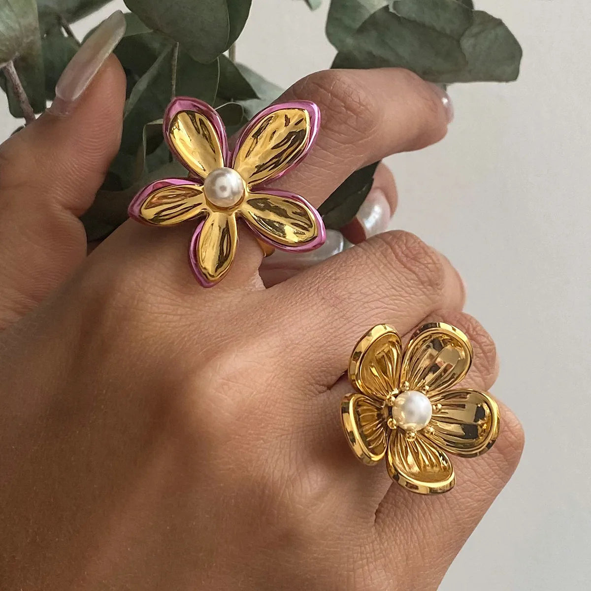 New Arrival 18K Gold Stainless Steel Ring Adjustable Trendy Romantic Jewelry Pink Enamel Glass Pearl Flower Open Rings
