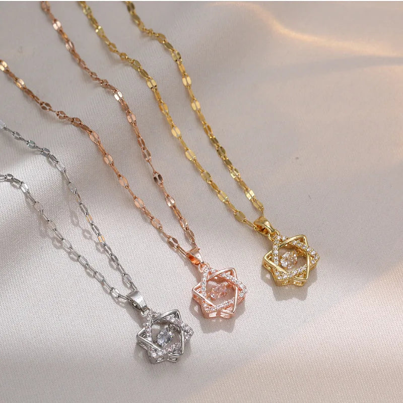 Fashion New Designer CZ Zircon Luxury Crystal Stainless Steel Gold Star Necklace Jewelry for Women