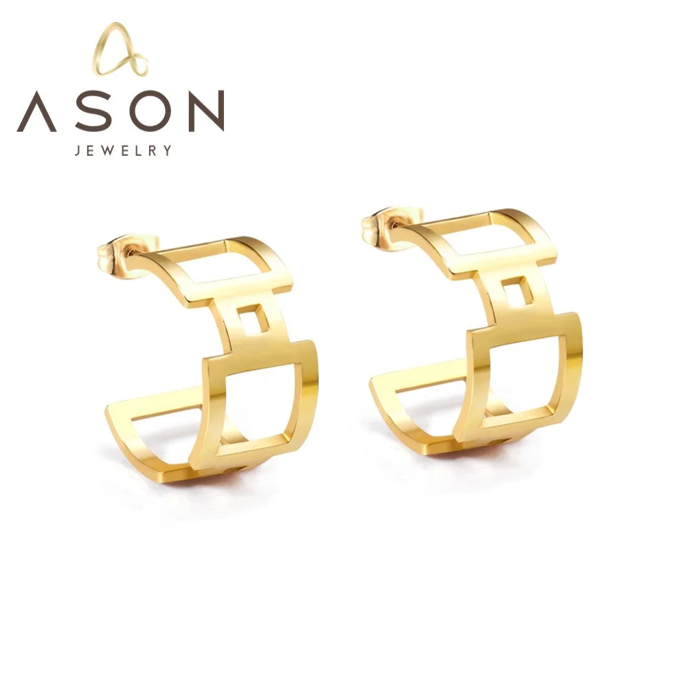 Ason Jewelry Wholesale Stainless Steel 14k Gold Plated Stud Earrings Fashion Hollow C-Shape Earrings