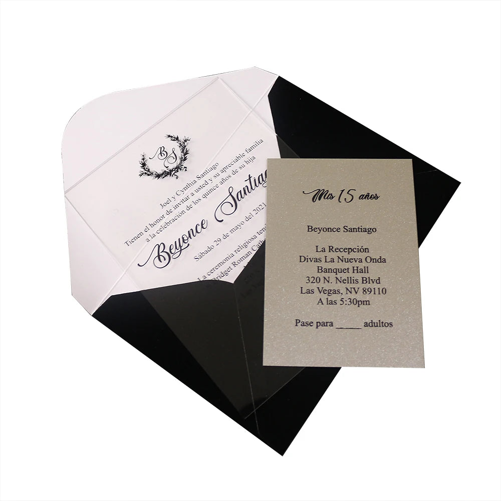 Simple Transparent Acrylic Wedding Invitation RSVP Cards with Match Silver Foil Paper Envelopes
