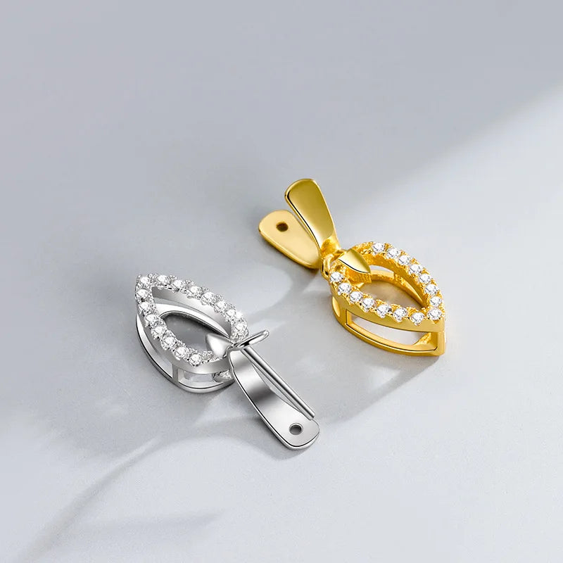 Personalized 925 Sterling Silver CZ Leaf Shape Pendant Clasp Pave Drop-Shaped Pinch Bail  Clasp for DIY Necklace Jewelry Making