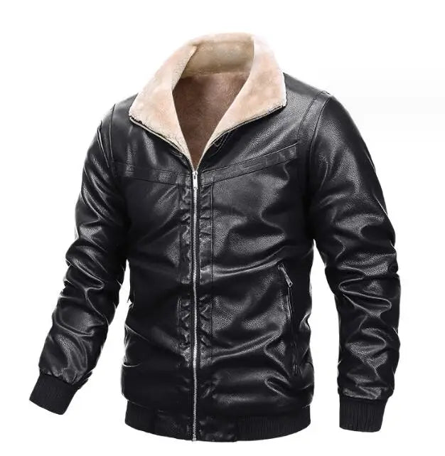Men's Fleece Leather Jacket Lapel Collar Pu Leather Motorcycle Coat Winter Oversized Thicken Outwear Jackets