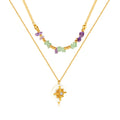 Summer Double Layer Stainless Steel Shell Natural Stone Beaded Necklace for Women  Octagon Star Cubic Zirconia Pendant Necklace
